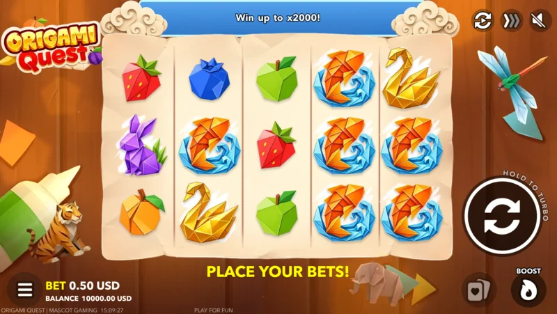 Origami Quest - speelscherm met inzetpaneel en Boost-knop